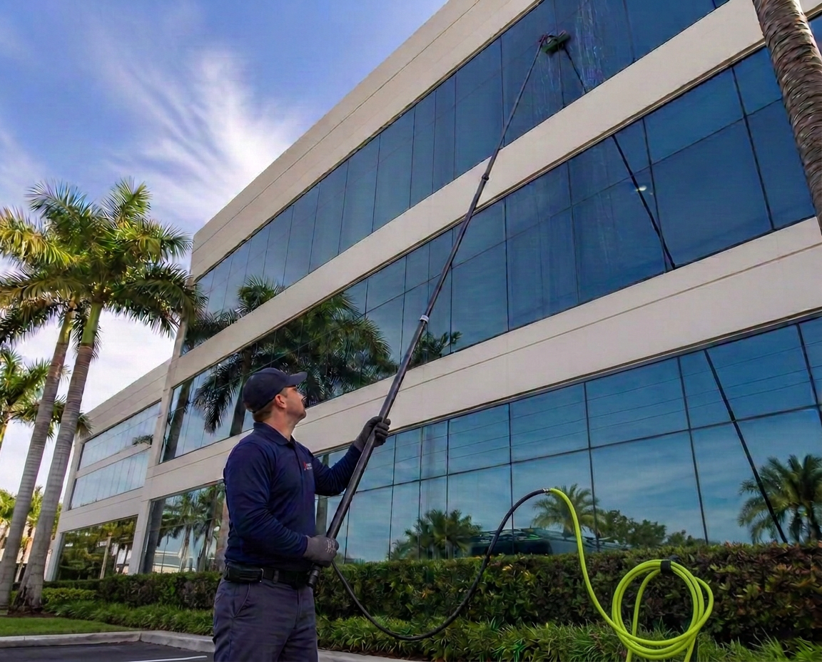 Technician cleaning high commercial windows from the ground with a long water-fed pure water pole